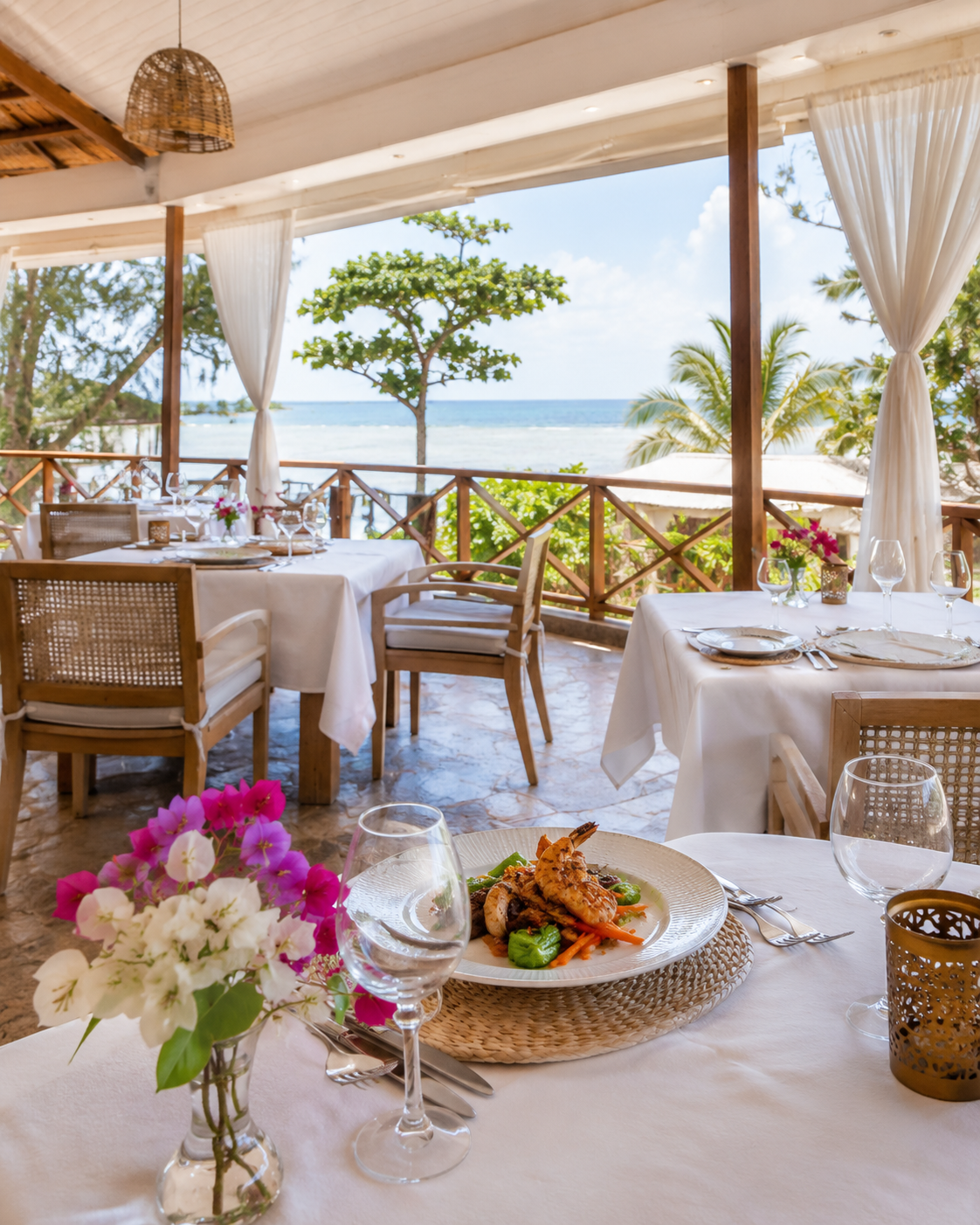 Elegant beachfront dining terrace at Silver Rock Boutique Resort